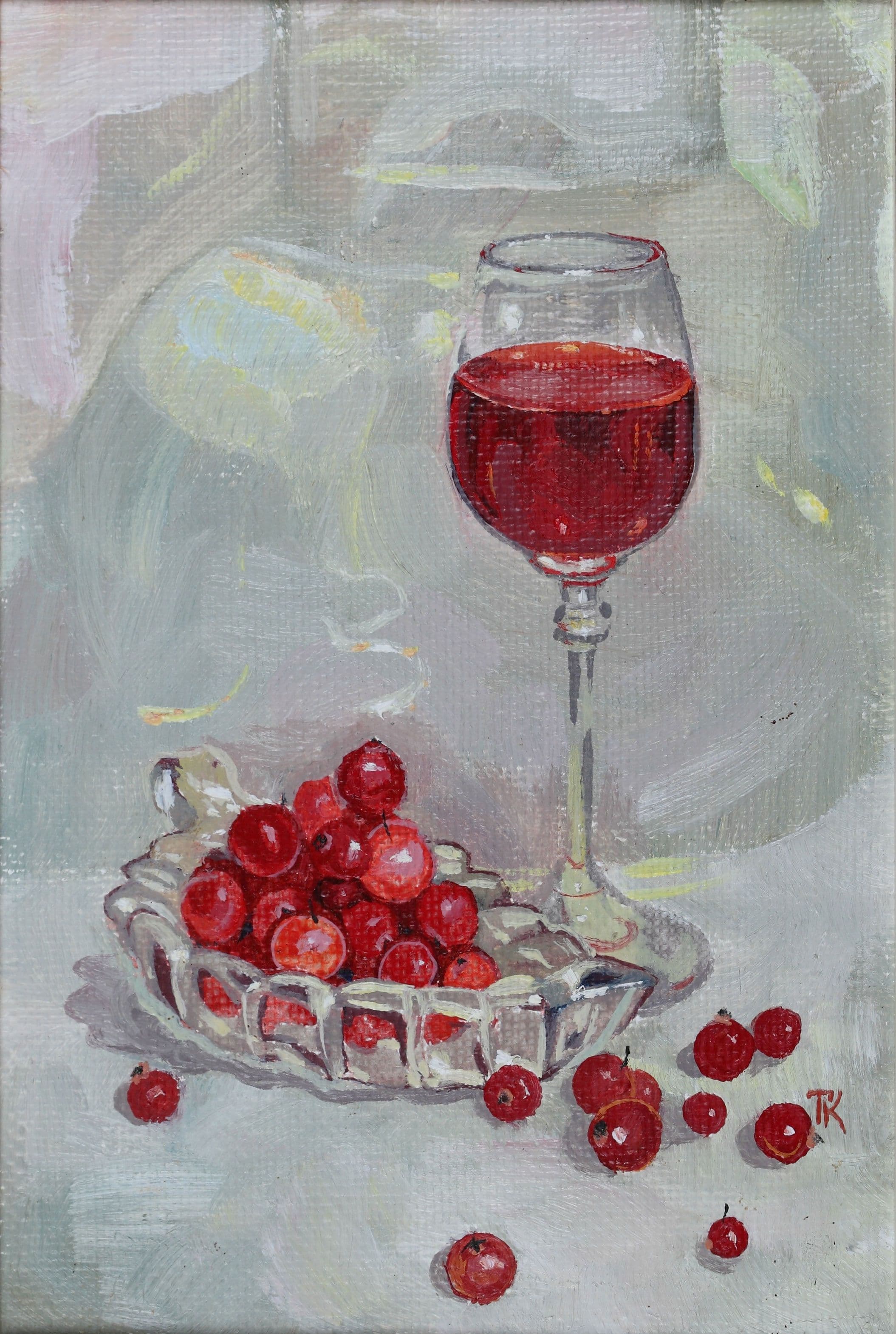 Red cranberries and liquor in glass. Oil painting