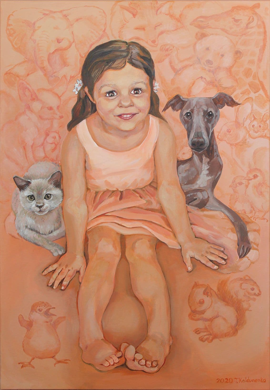 Portrait of my niece Stephanie with her cat and dog and her pink fairytale world