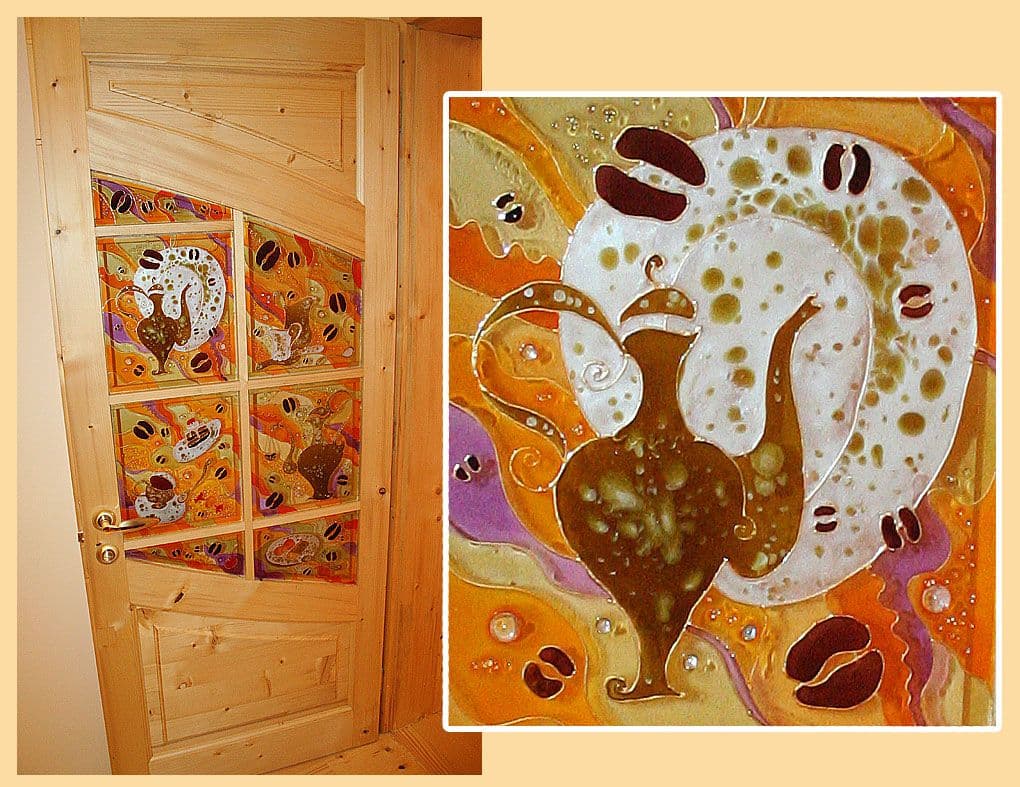 Coffee themed stained glass doors