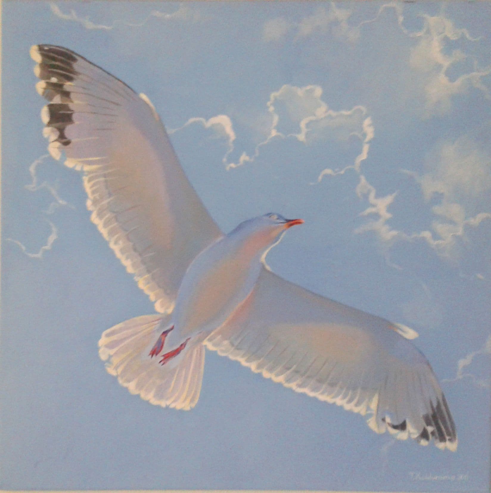 Acrylic painting by Sydney-based artist Tetiana Koldunenko depicting a seagull soaring freely through a pale blue sky, its wings rendered with an almost transparent, ethereal quality. Inspired by Jonathan Livingston Seagull, the artwork conveys lightness, freedom, and the quiet pursuit of inner growth.