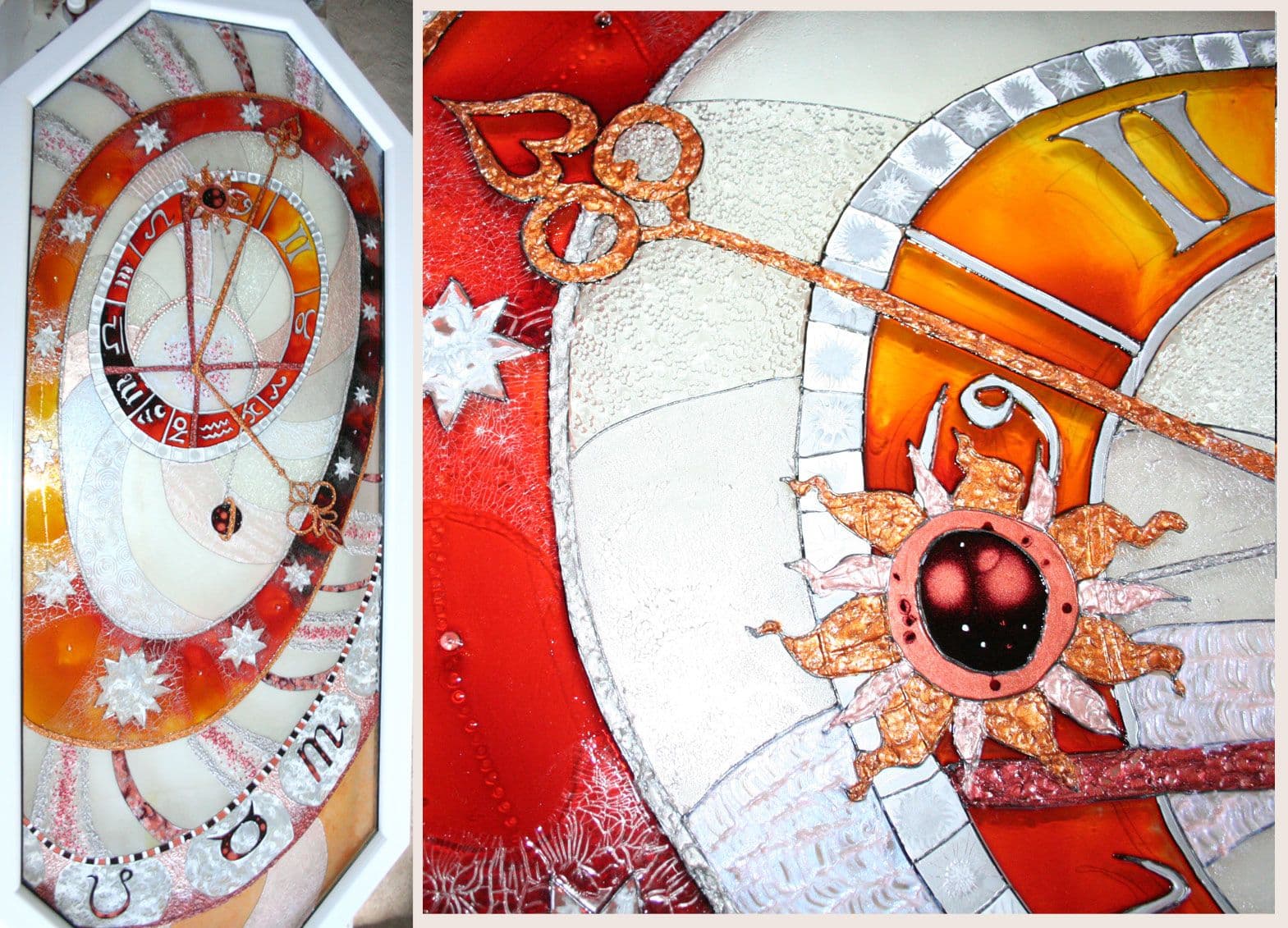 Window with red stained glass decoration of the sun and clock