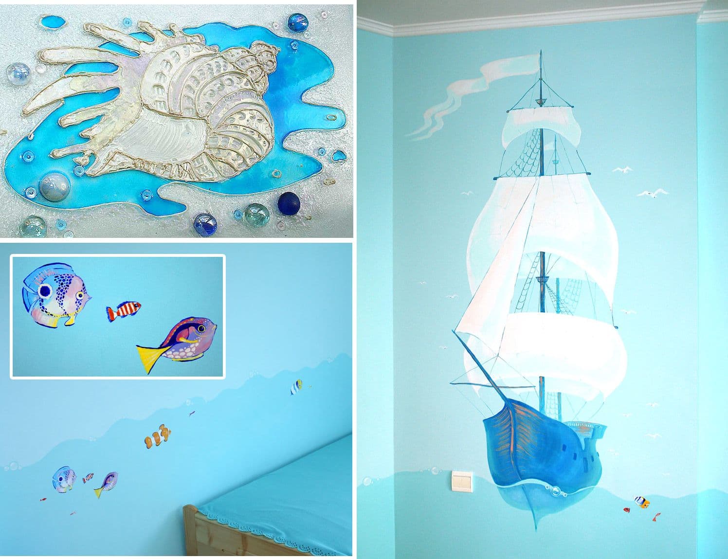 fishes, sails and shell on a wall