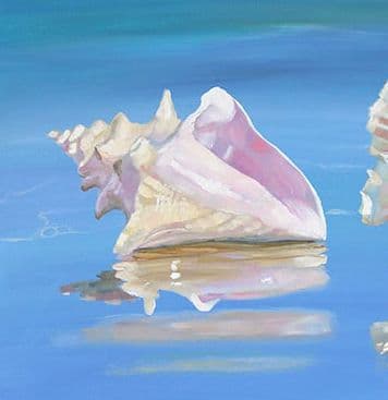 Detail of painting a pink shell on the wet blue sand