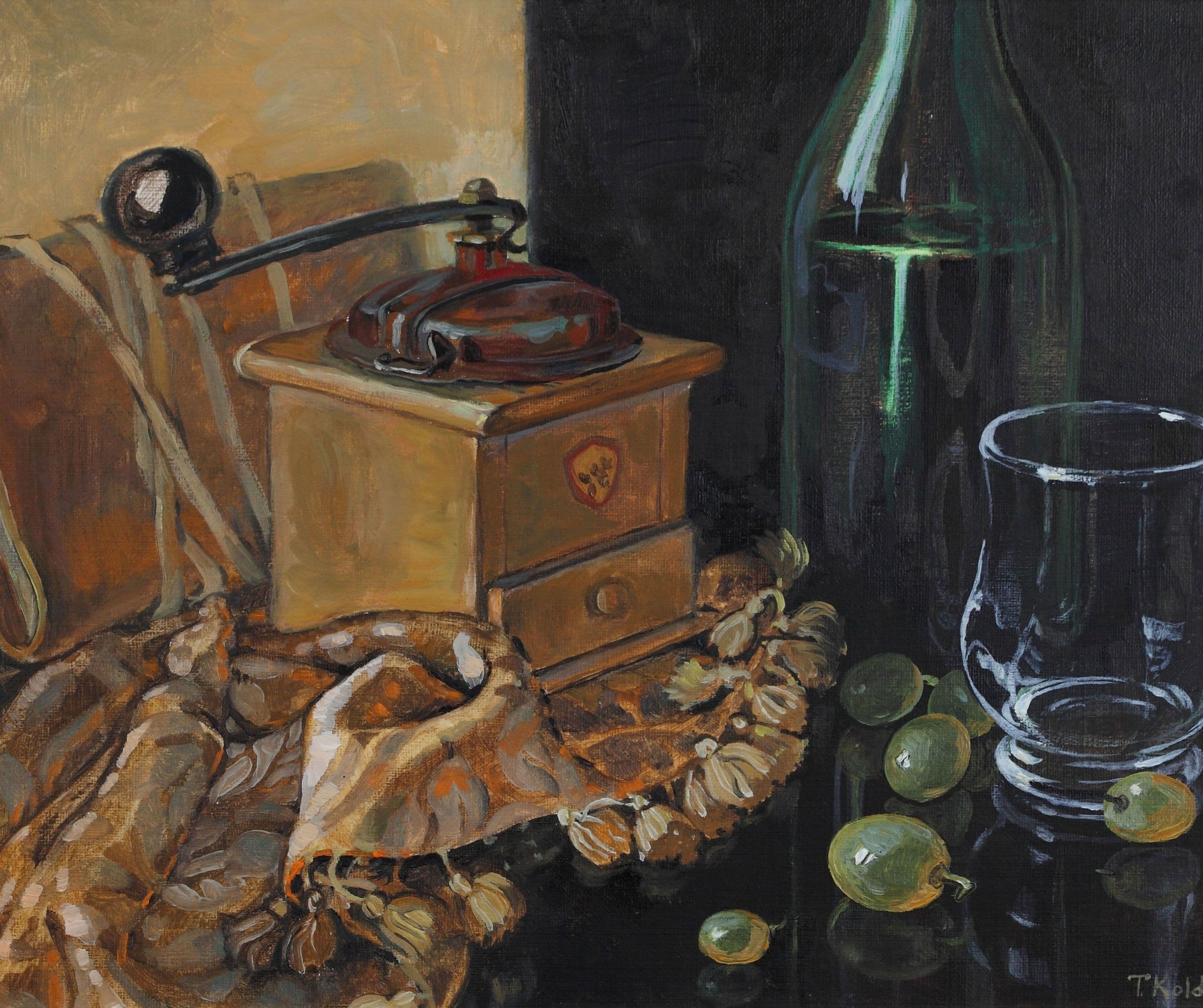 Tuscany oil still life of grapes, wine bottle a coffee grinder