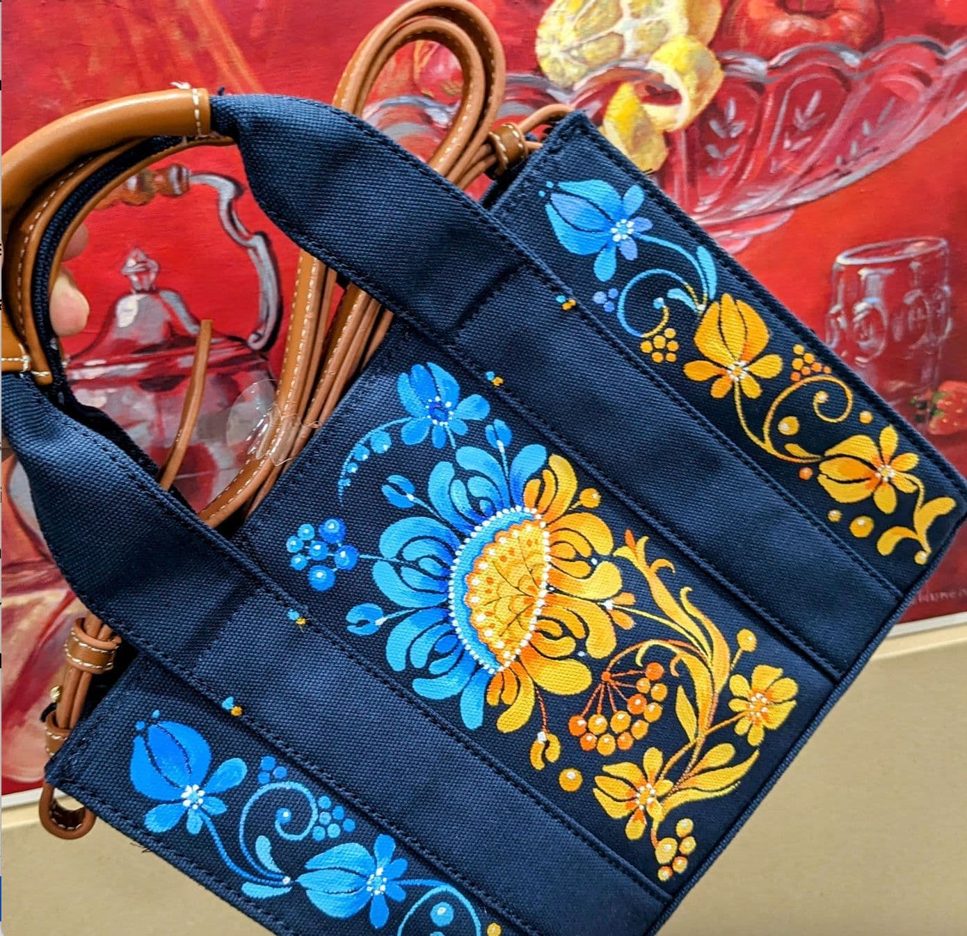 Blue bag with blue and yellow flowers