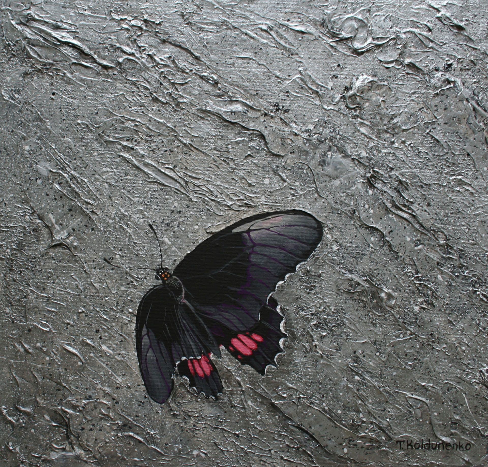 Black Butterfly with pink spots on silver textured background, made in acrylic and texture paste