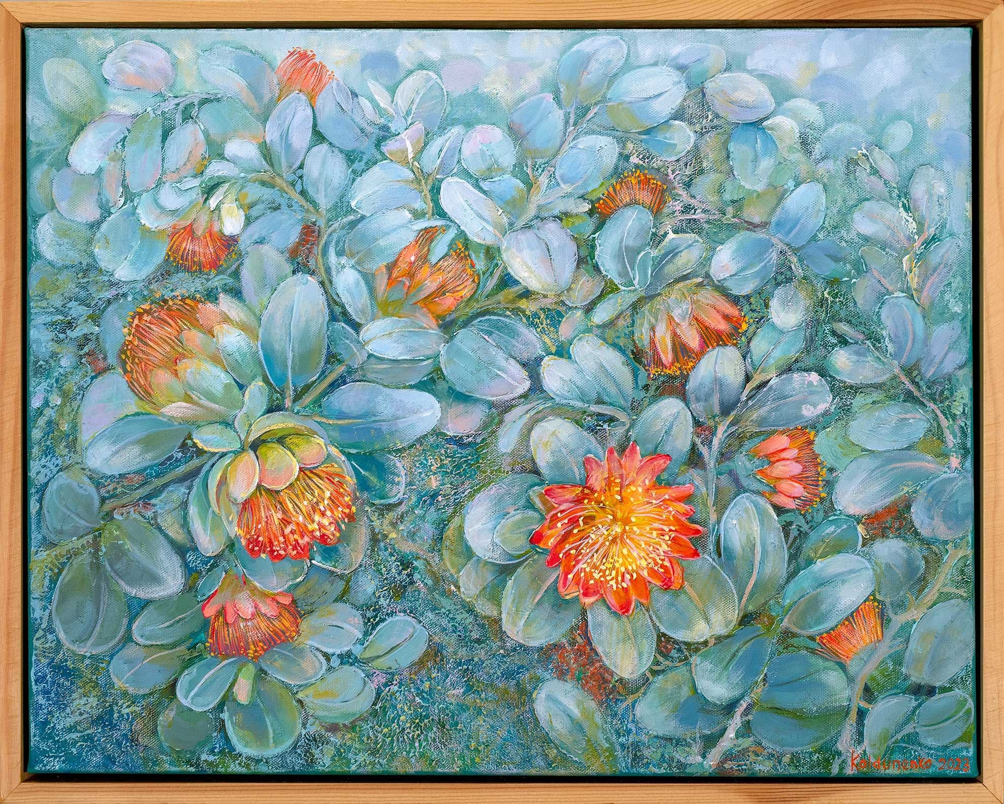 Wild rose blooming bush textured art in acrylic by Tetiana Koldunenko