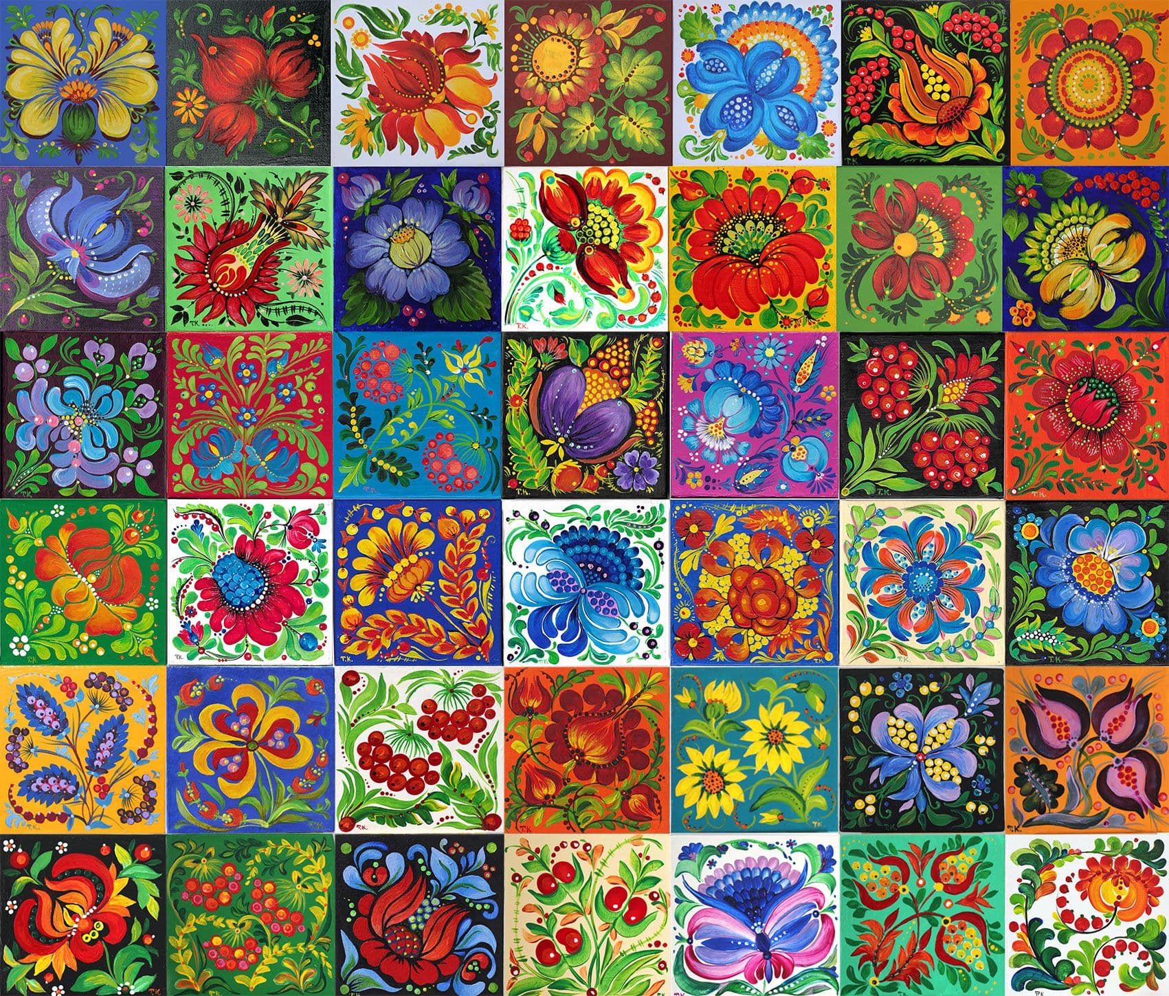 A lot of small colourful flowers on different backgrounds set as a chess board