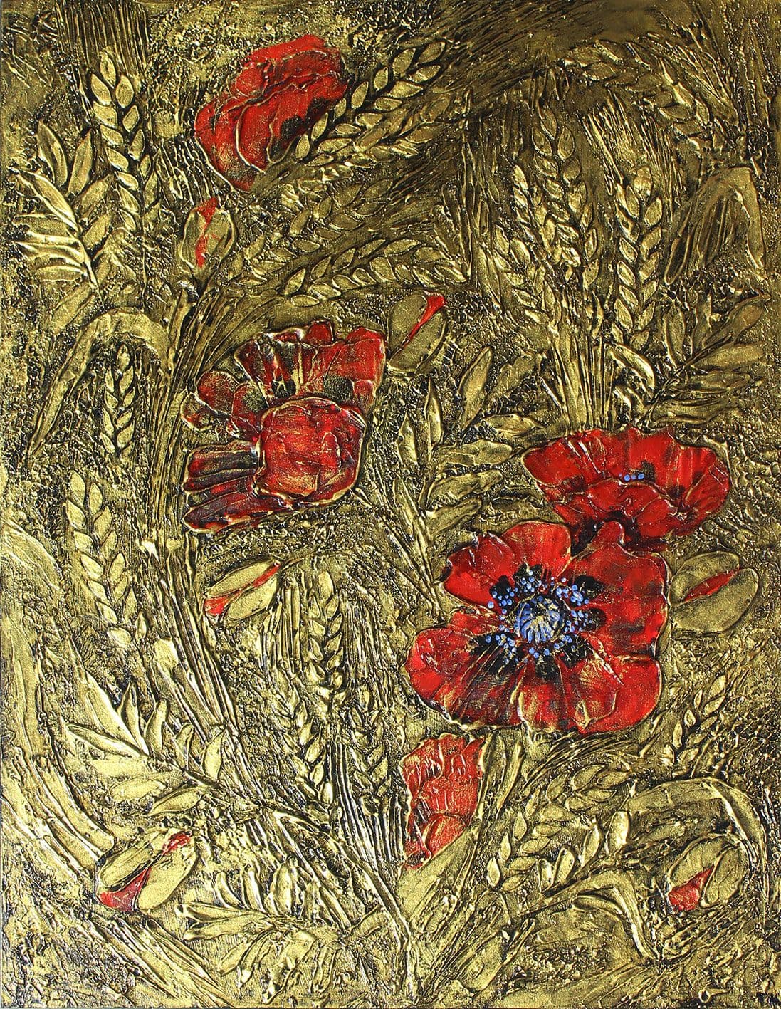 Poppies on golden wheat field