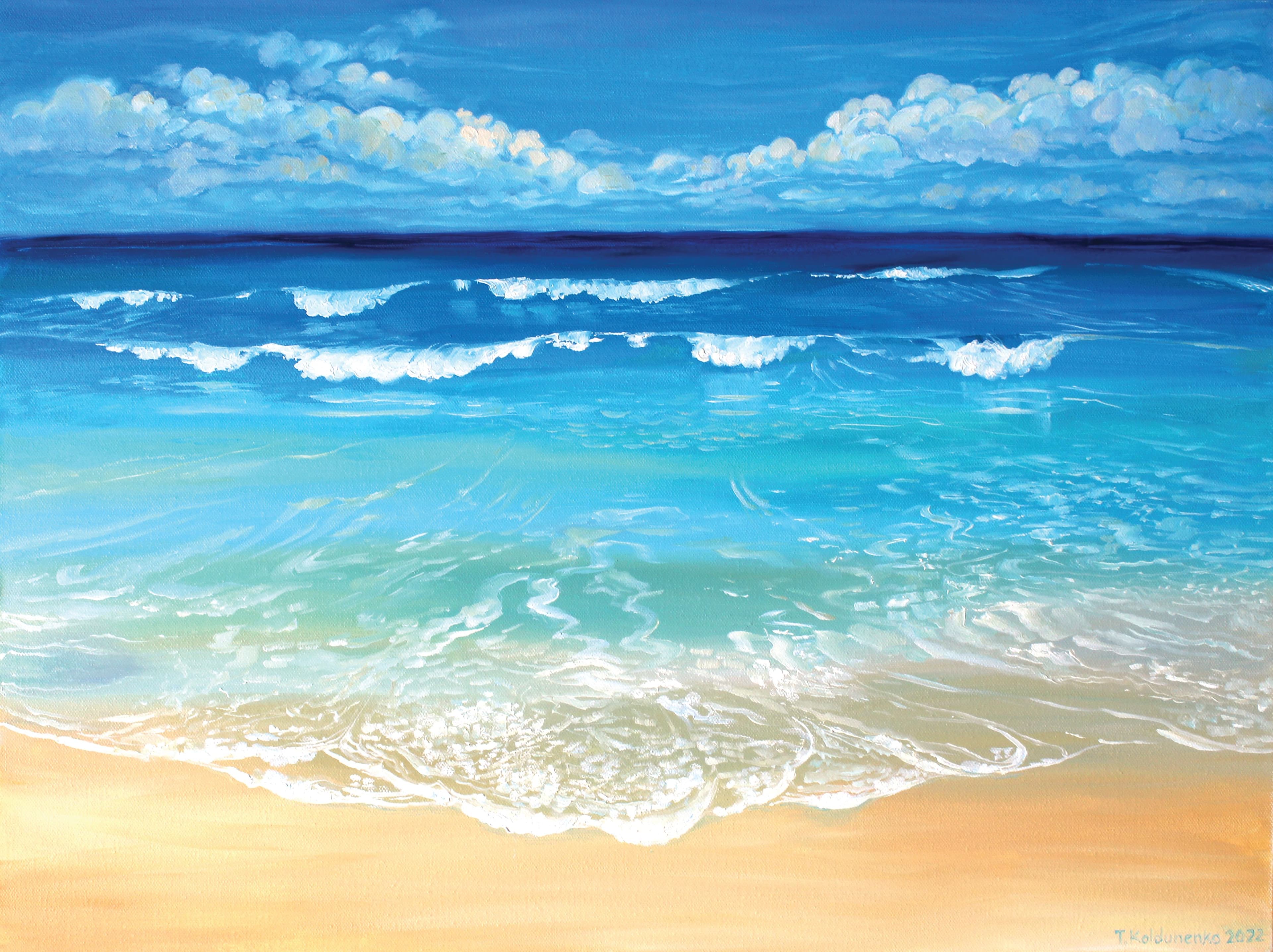 Painting of the ocean waves and yellow sand