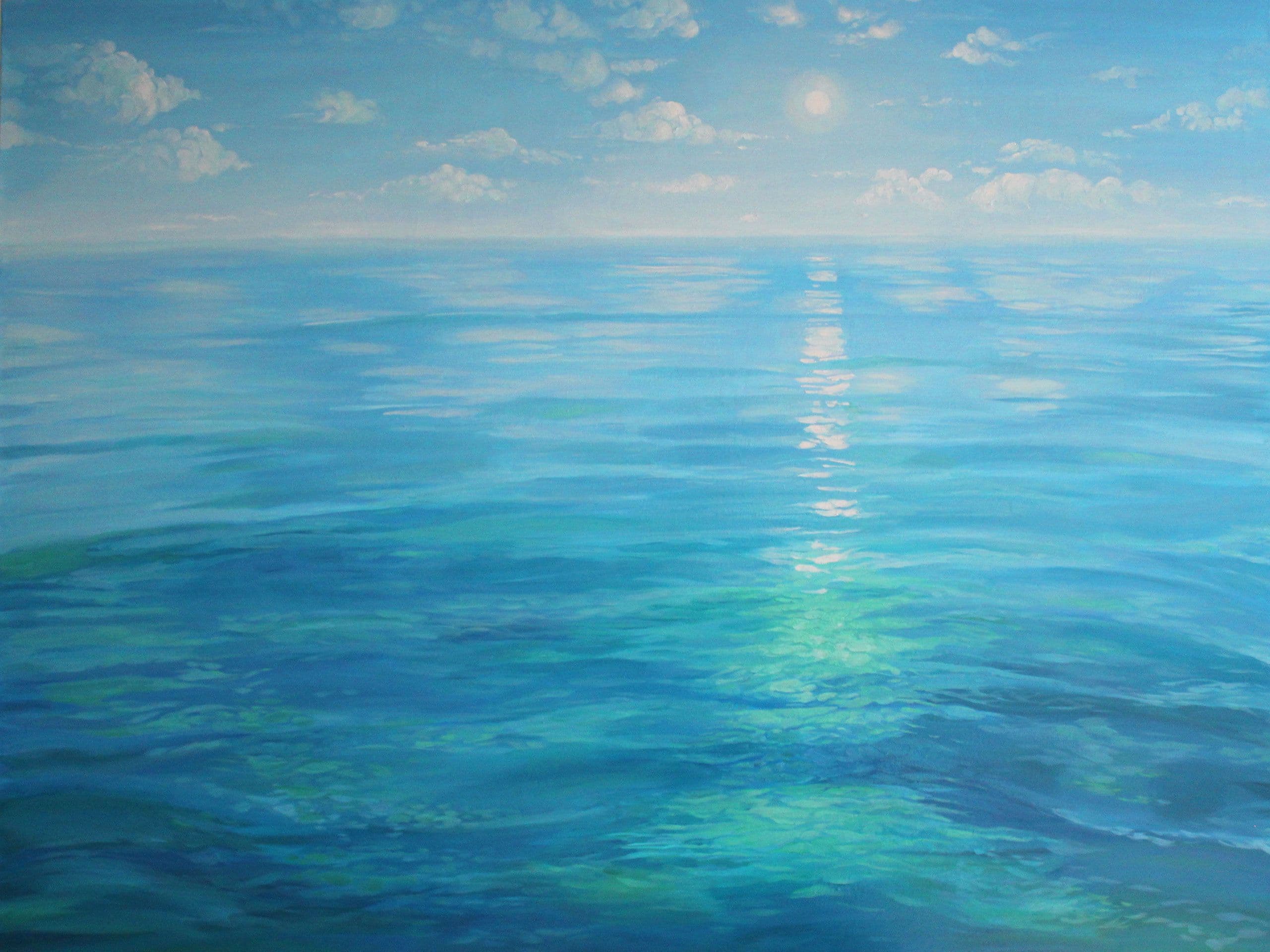 Artwork Deep peace. Showing a blue ocean and blue sjy with rare clouds, made by Australian artist Tetiana Koldunenko