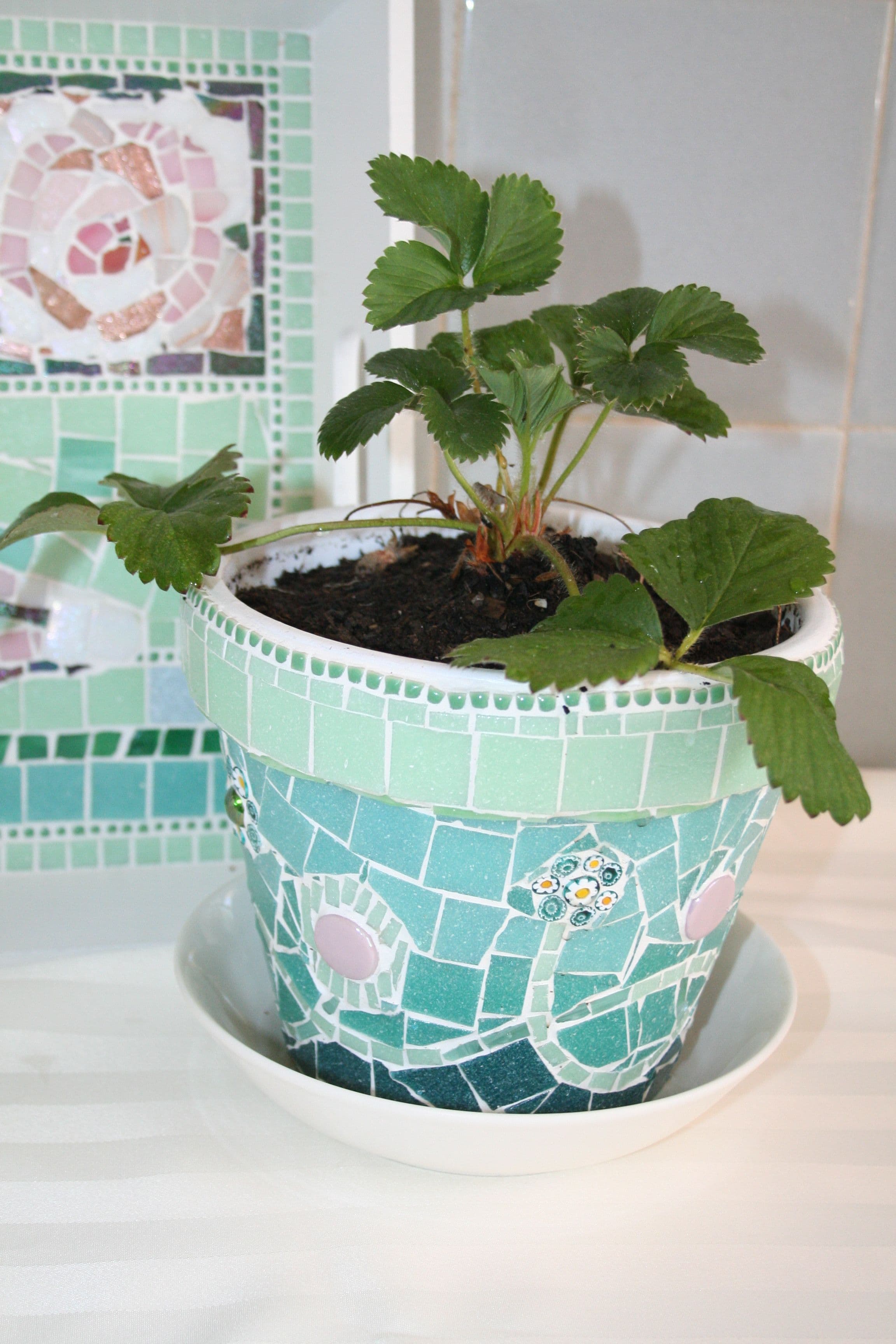 A flower pot decorated with the mosaics