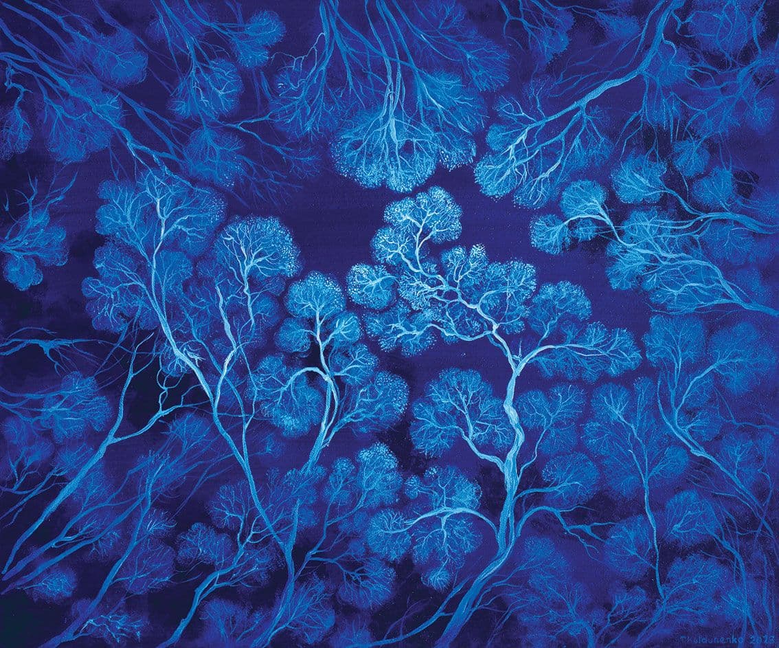 Light from within artwork depicts dark blue sky and light blue eucalypts