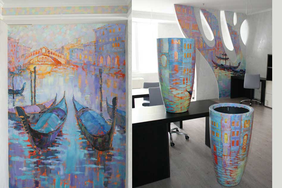 Mural of Venice channel view on the wall of an office by Sydney artist Tetiana Koldunenko
