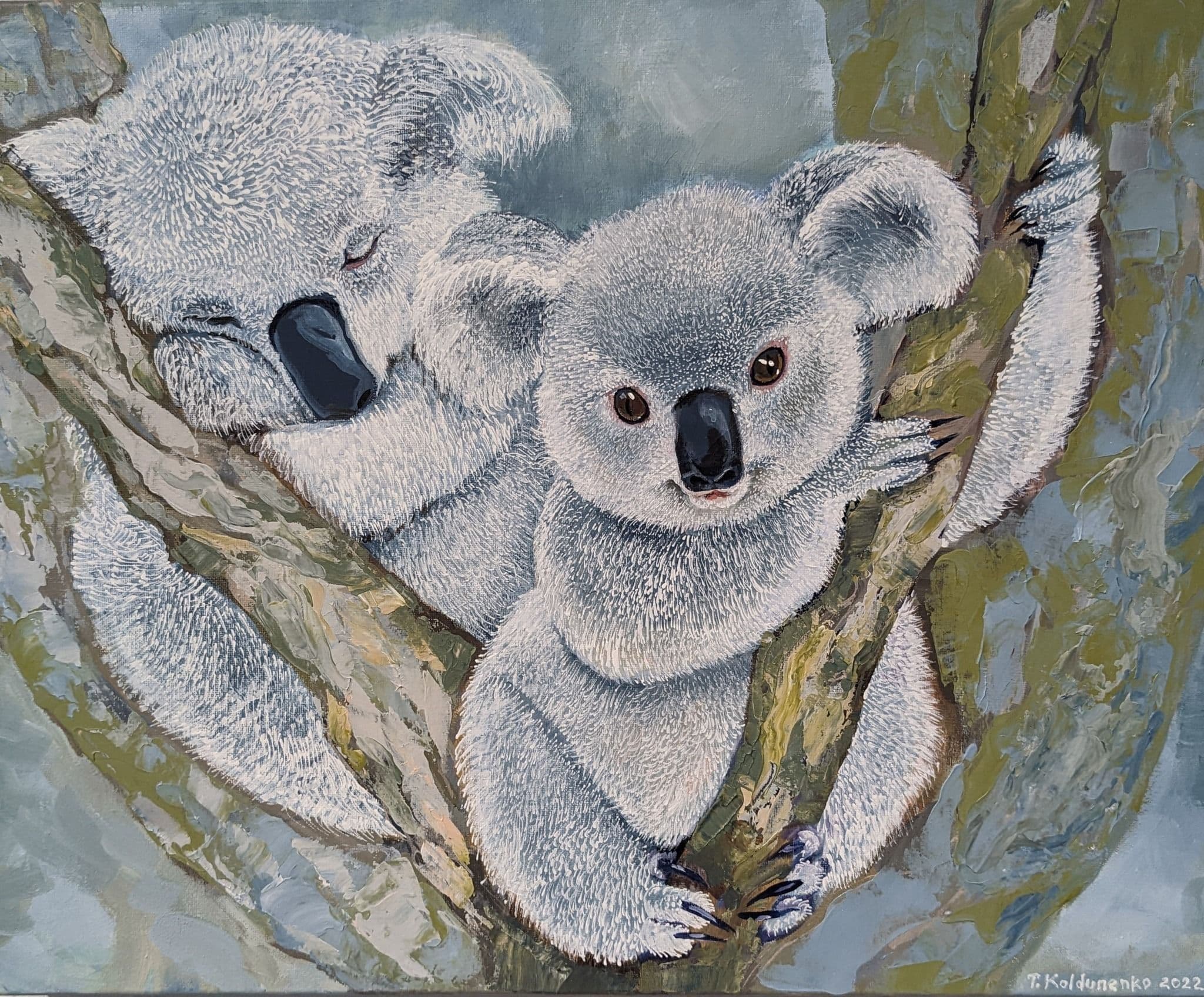 Artwork While mum is asleep depicting two koalas