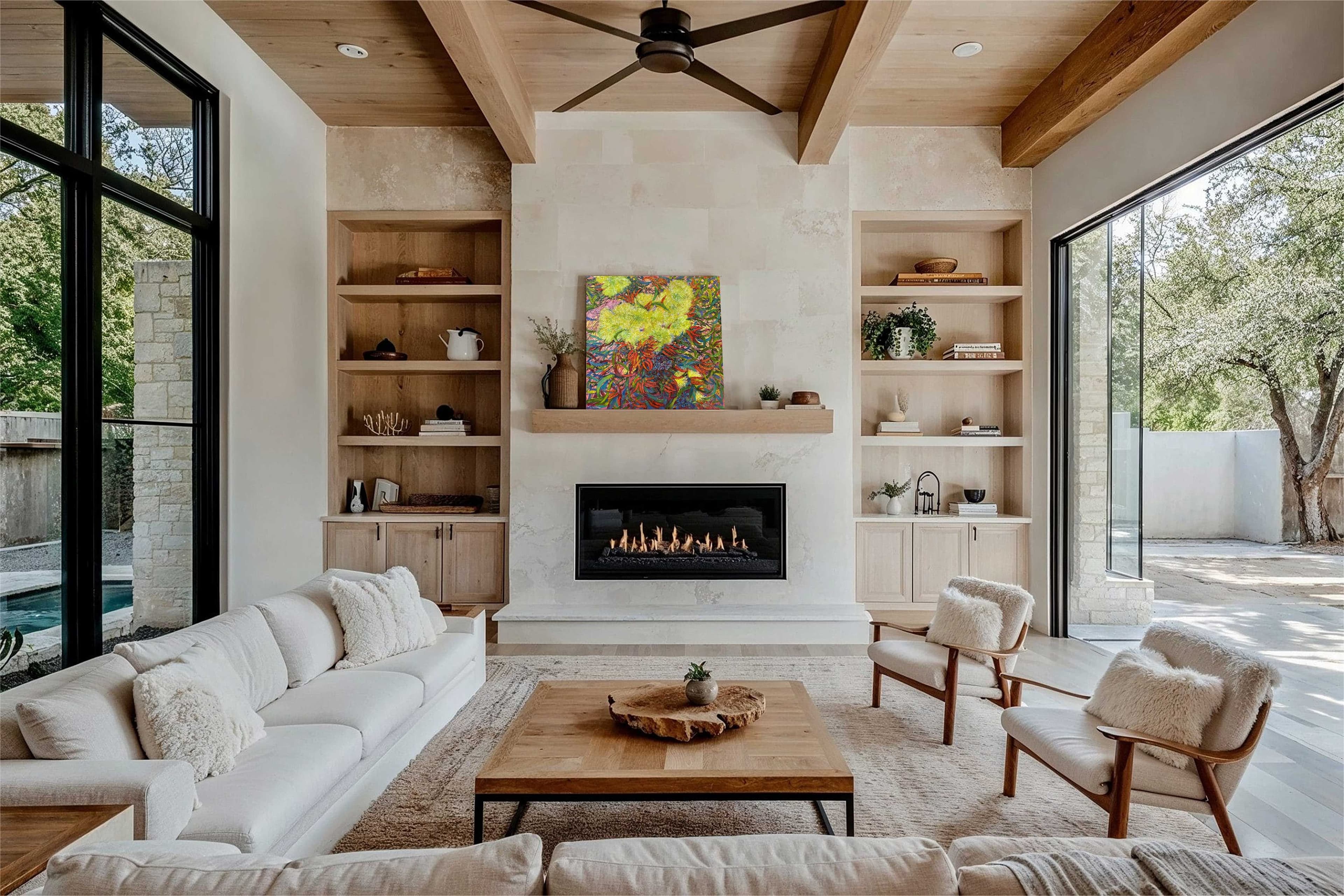 Interior with the artwork over fireplace