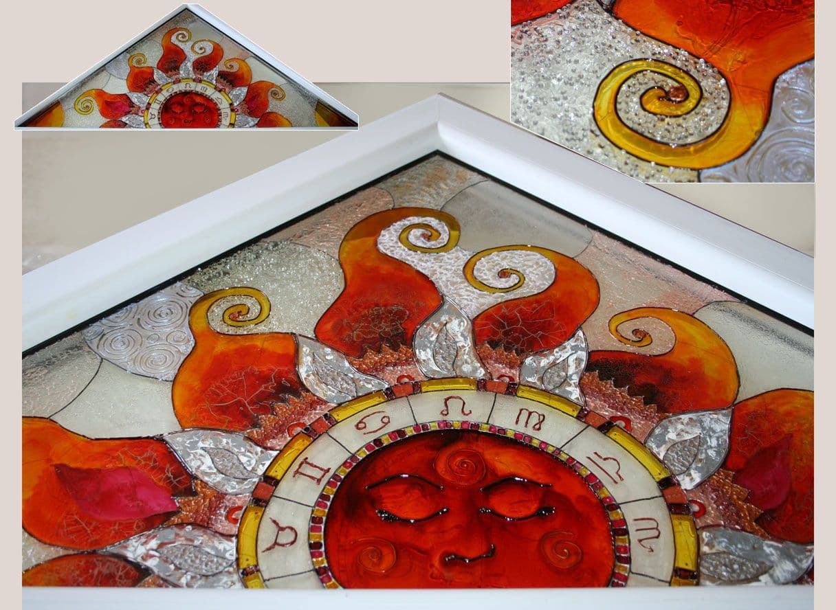 Sun window decor in red and textural transparent elements