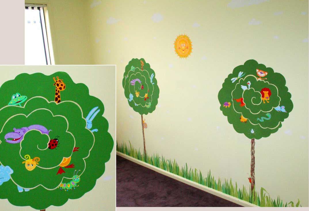Kids room decoration - mural of green trees on a wall