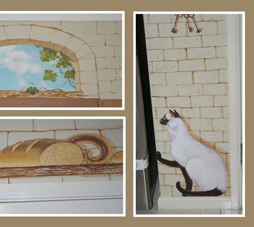 Detail of a kitchen mural - cat looking at the fridge