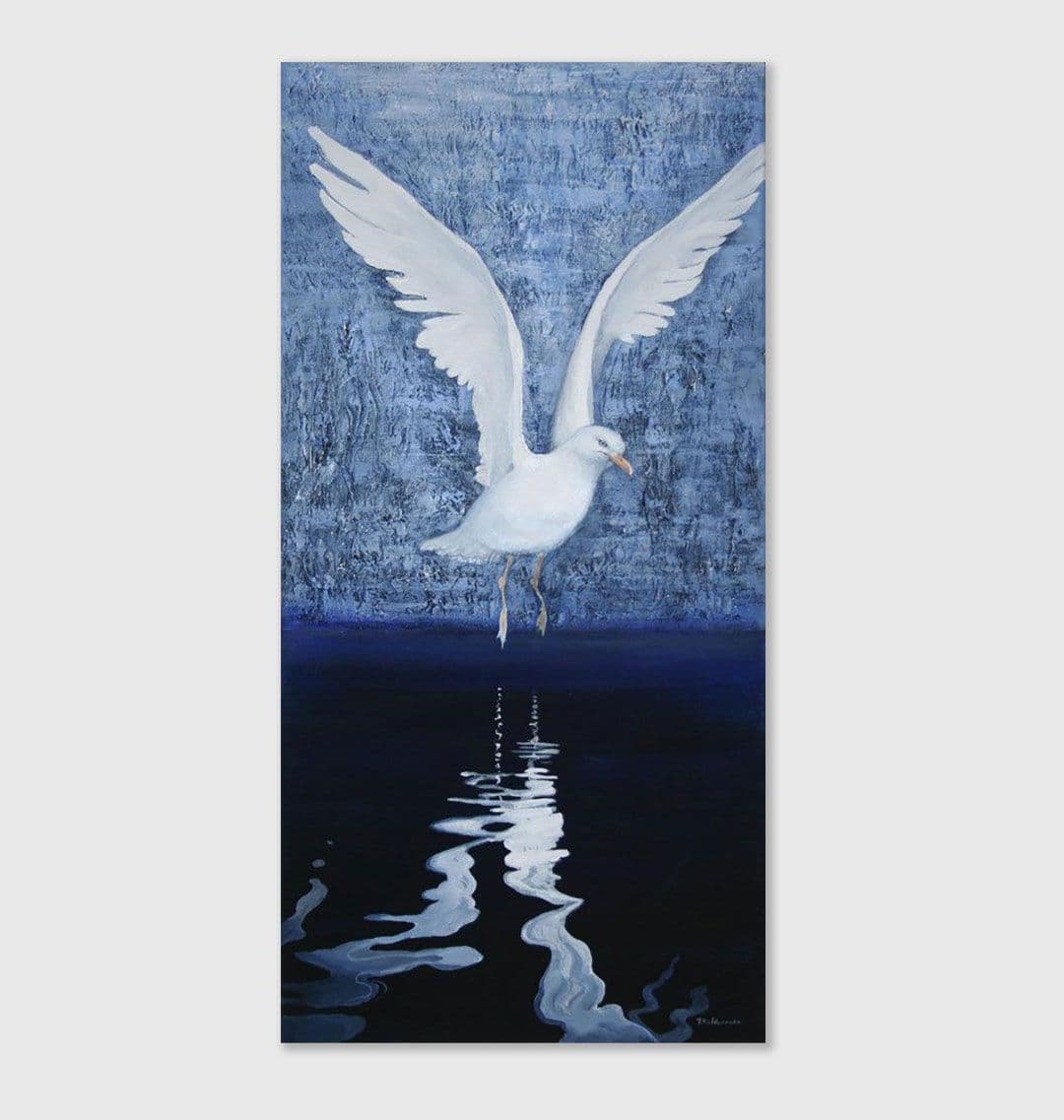 Textured art Above the Hustle and Bustle showing flying seagull above dark water