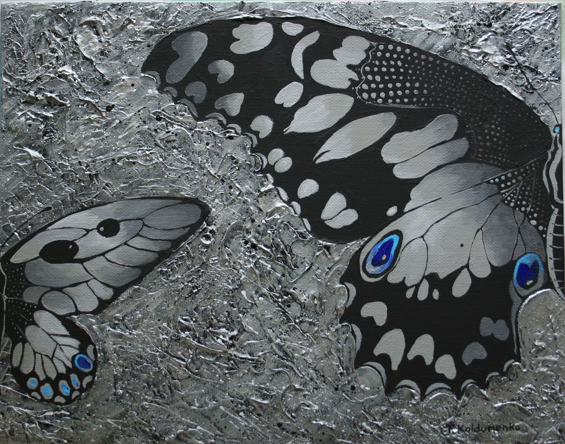 Black and grey Butterflies with blue spots, on silver textured background, made in acrylic and texture paste